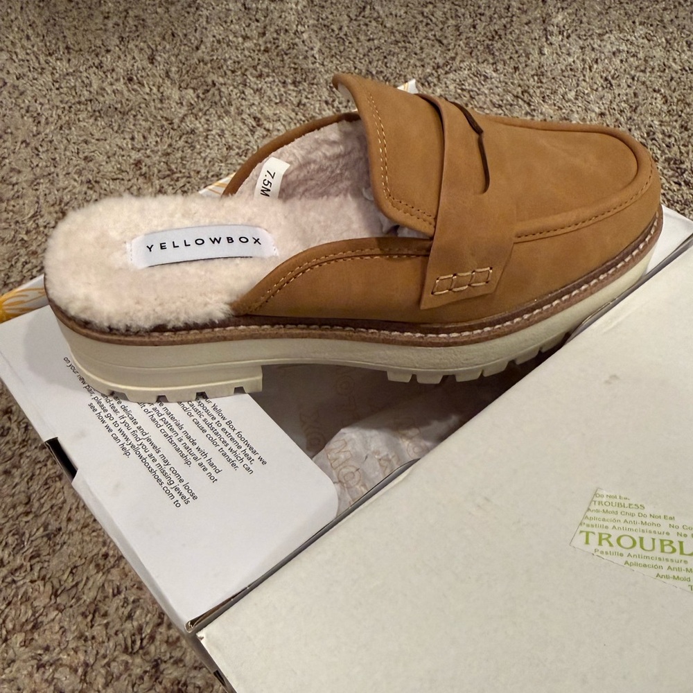 Yellow Box Tan Suede Penny Loafer Mules with Shearling Lining